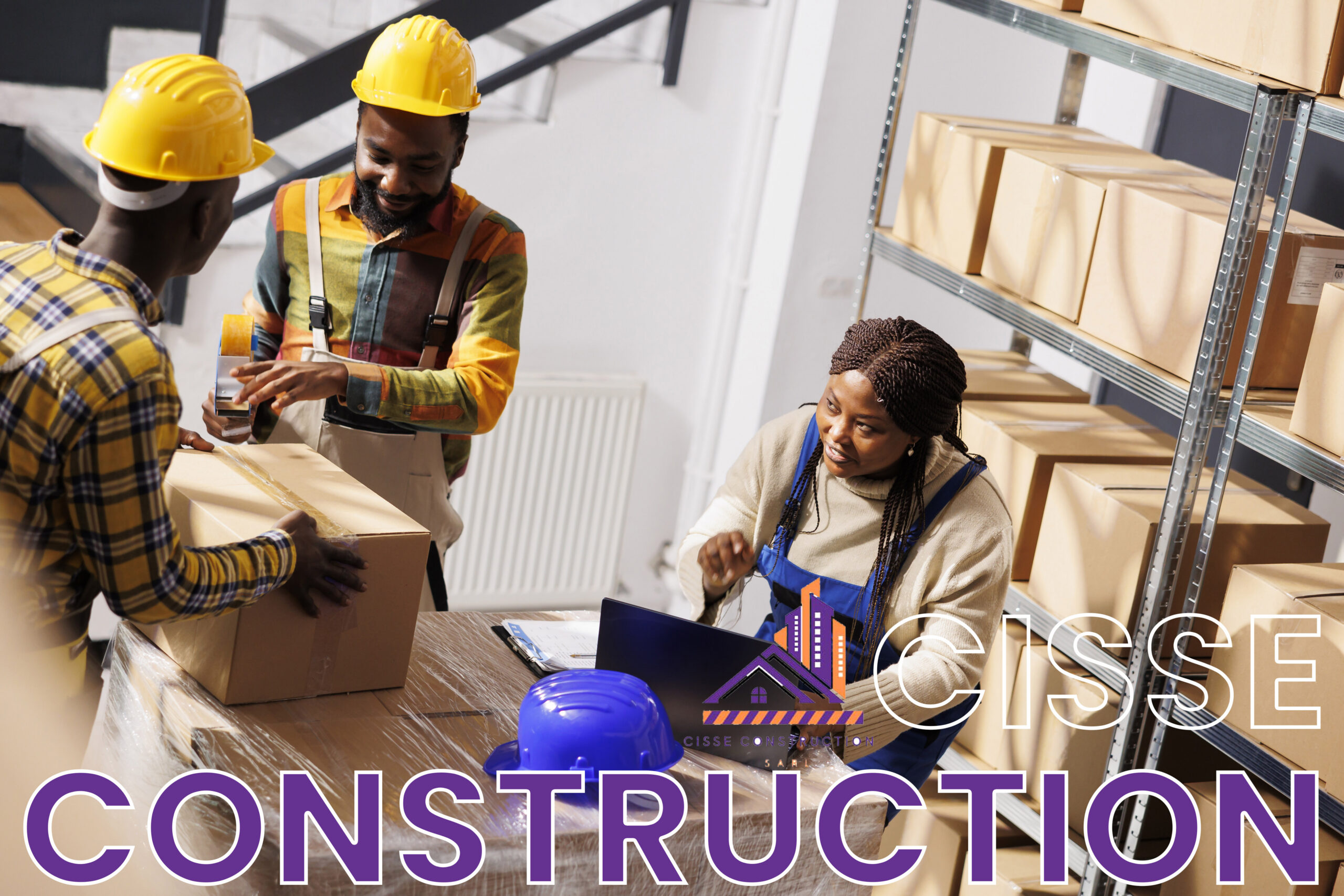Warehouse manager checking orders list and coordinating parcels packing process. African american woman supervisor with laptop controlling freight cardboard boxes sealing and dispatching